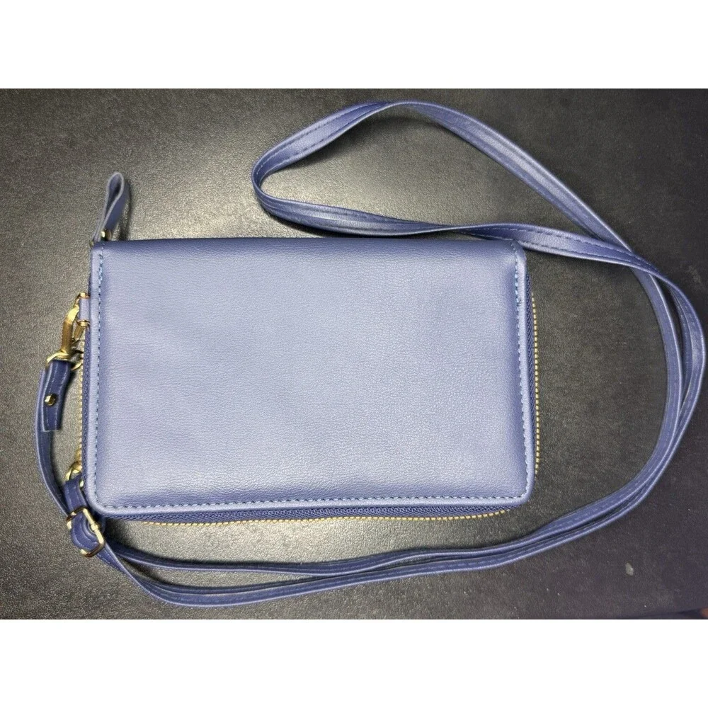 Forever Lovely Blue Crossbody Wallet Phone Purse Organizer Gold Zip Faux Leather
